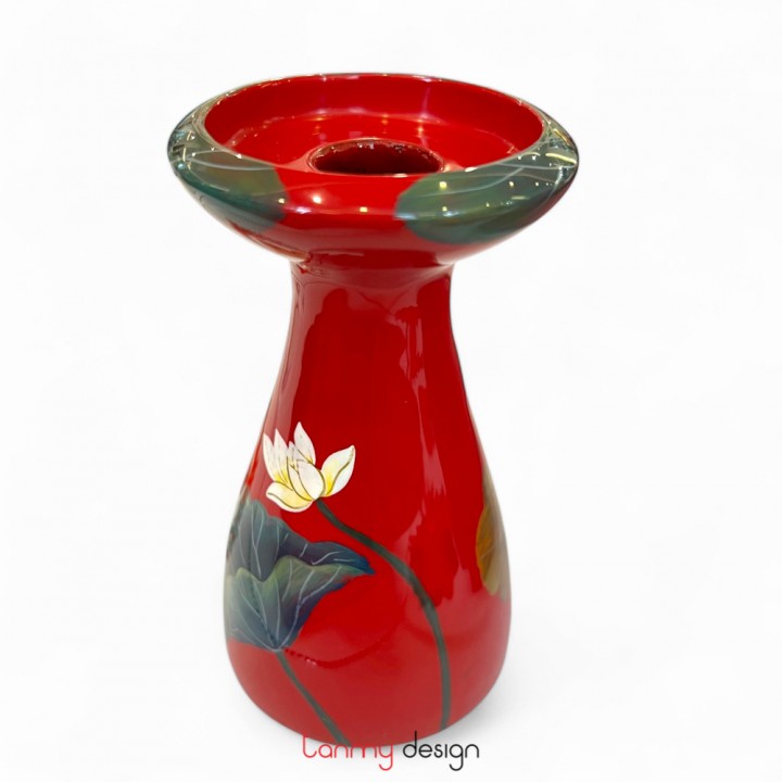 Red lacquer candlestick hand-painted with lotus /S